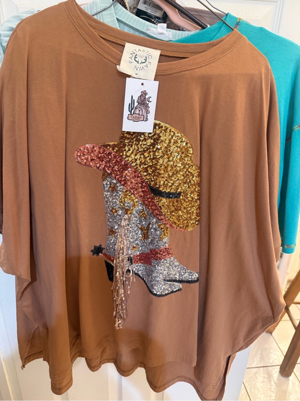 Fantastic Fawn Brown Top with Metallic Sequin Boot & Hat Motif